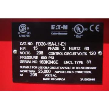 Eaton Cutler-Hammer Fire pump controller 15HP 3PH 208V 600psi 16BK046E FD20-15A-